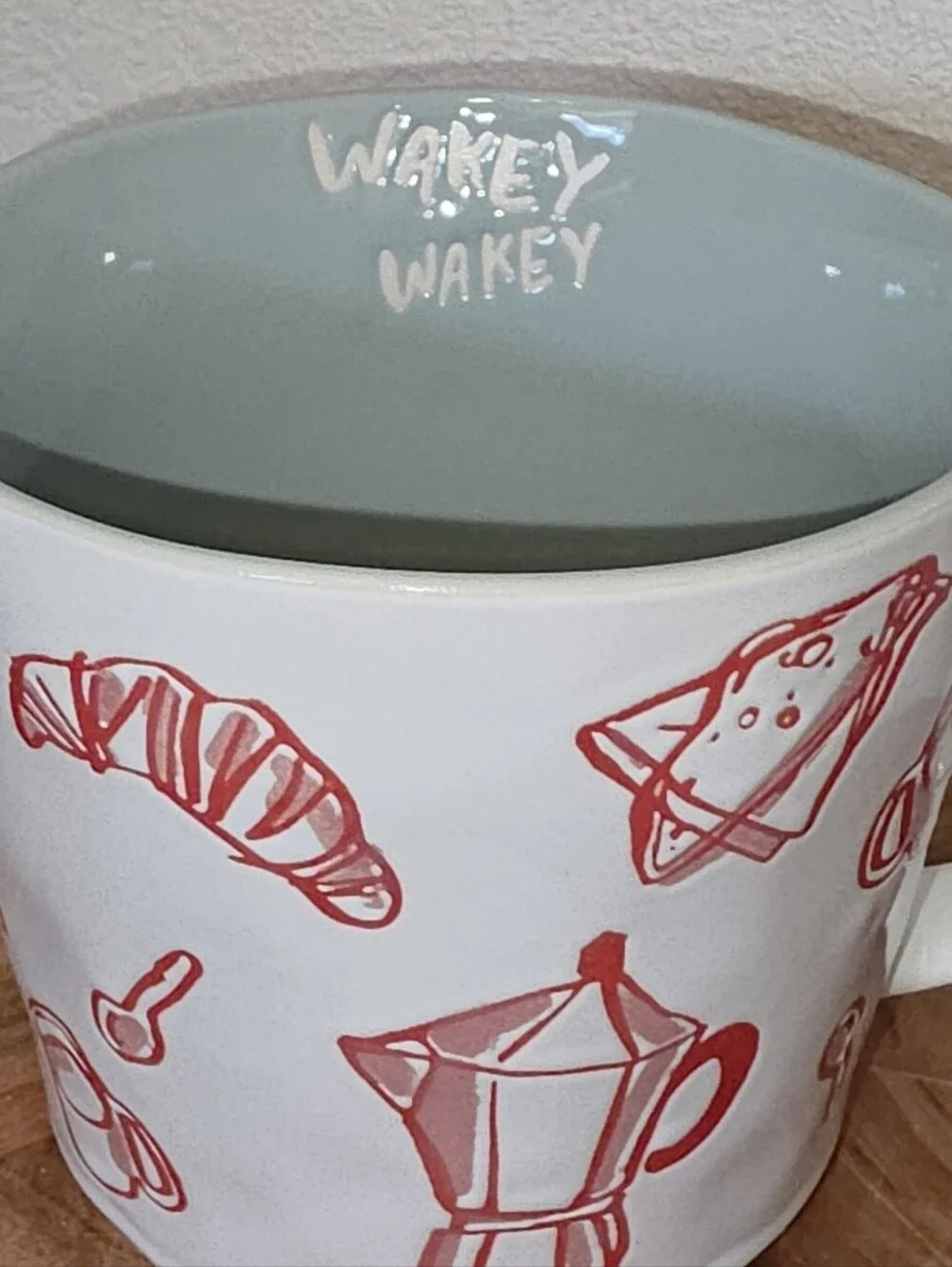 Prima Design Wakey Wakey Ceramic Coffee Mug with Red Breakfast Icons